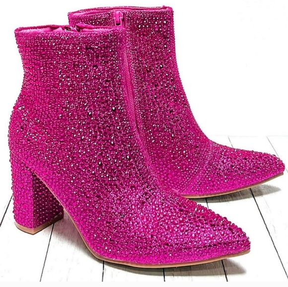 Fuchsia Pink Rhinestone Pointed Toe Chunky Heel Ankle Boots Bootie - Picture 3 of 8